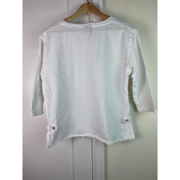 Drawstrings of Malibu Women's Size XS White 3/4 Sleeve V-Neck Cotton V-Neck Top - Picture 4 of 8